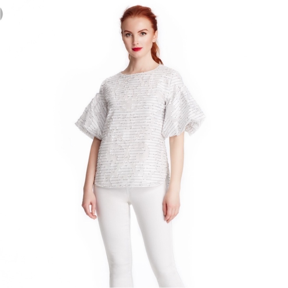 Charlotte Brody White Puff Sleeve Designer Blouse S Textured Split Hem Lined